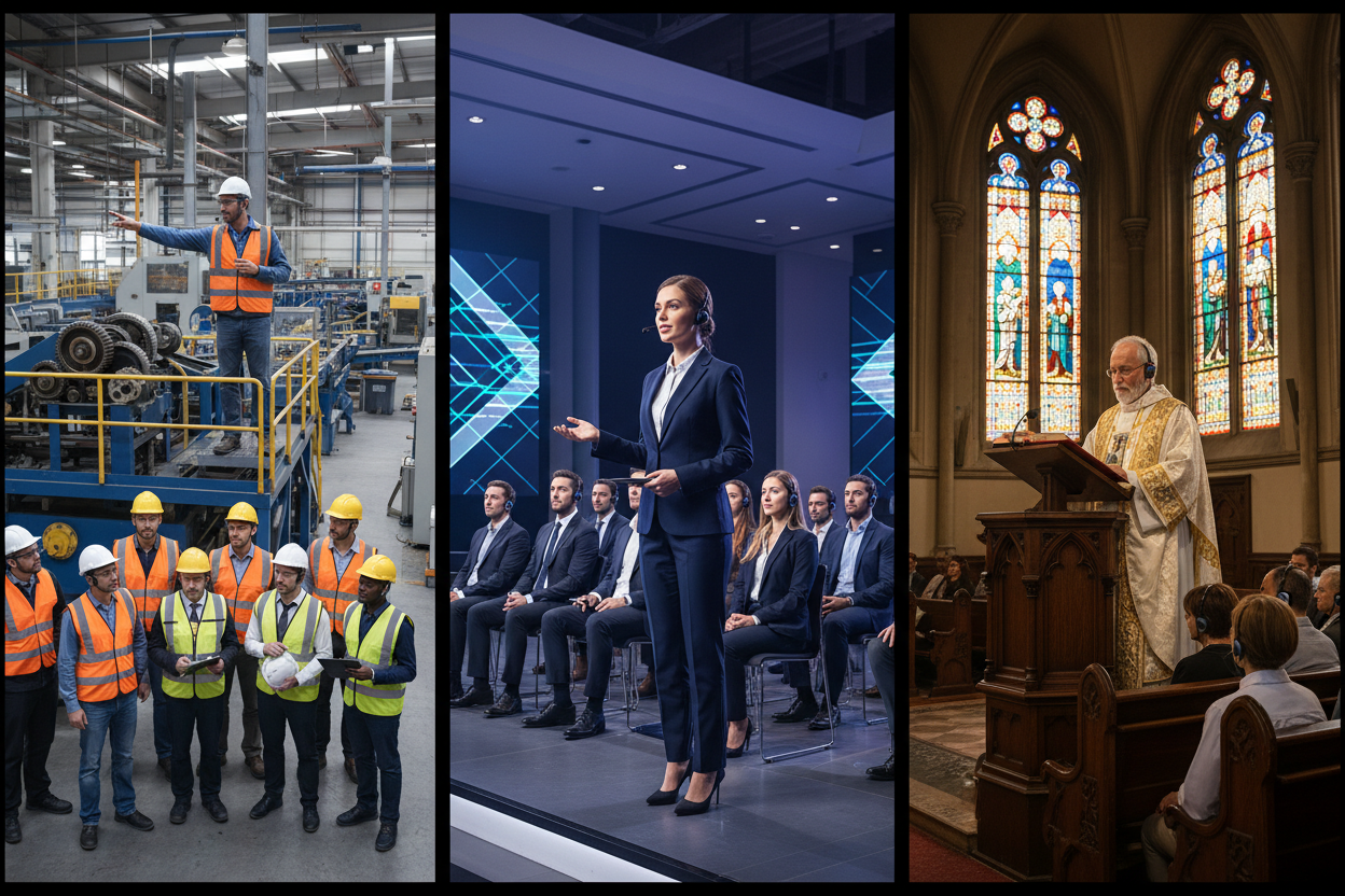 tour-guide-system-applications Diverse applications of a wireless tour guide system, including a factory tour, silent conference, and church translation.