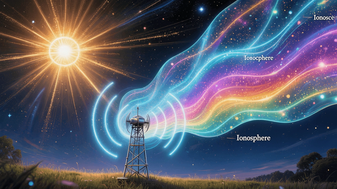 An illustration showing how radio waves bounce off the ionosphere, enabled by the solar cycle.